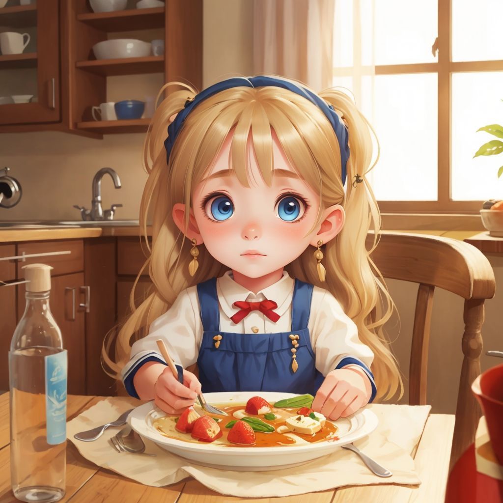 Nika helping to clean up after the meal, with a content expression.