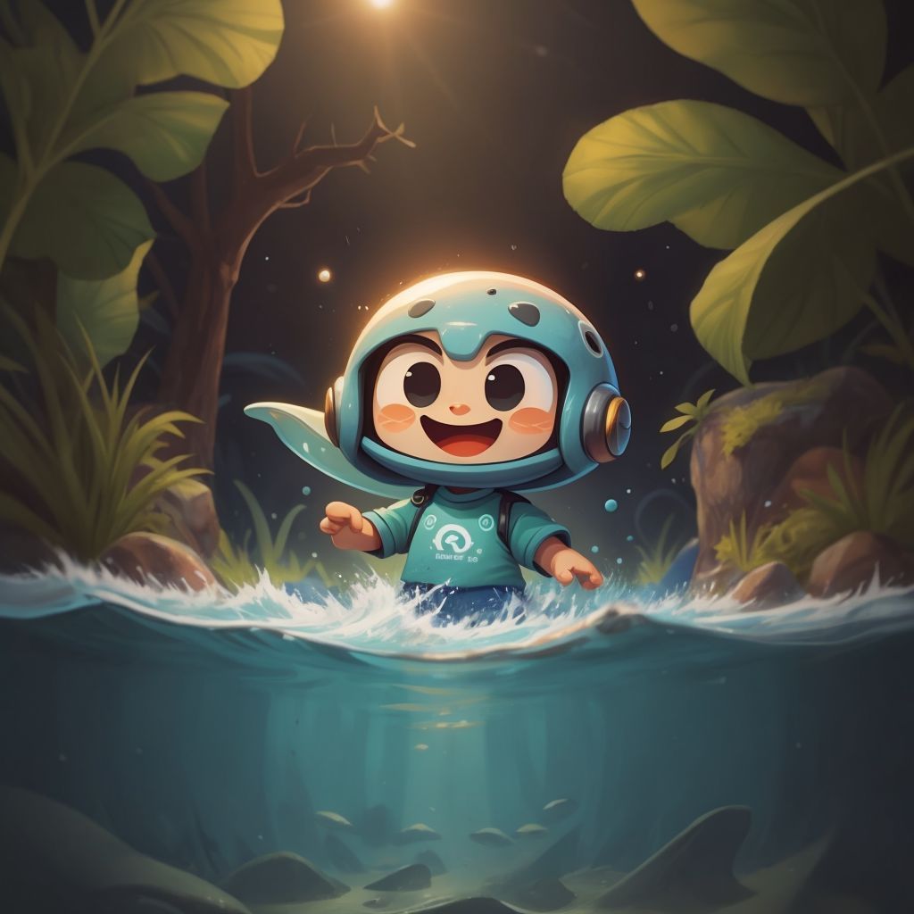 Groog splashing in the shallow water with a big smile, making waves with his hands.