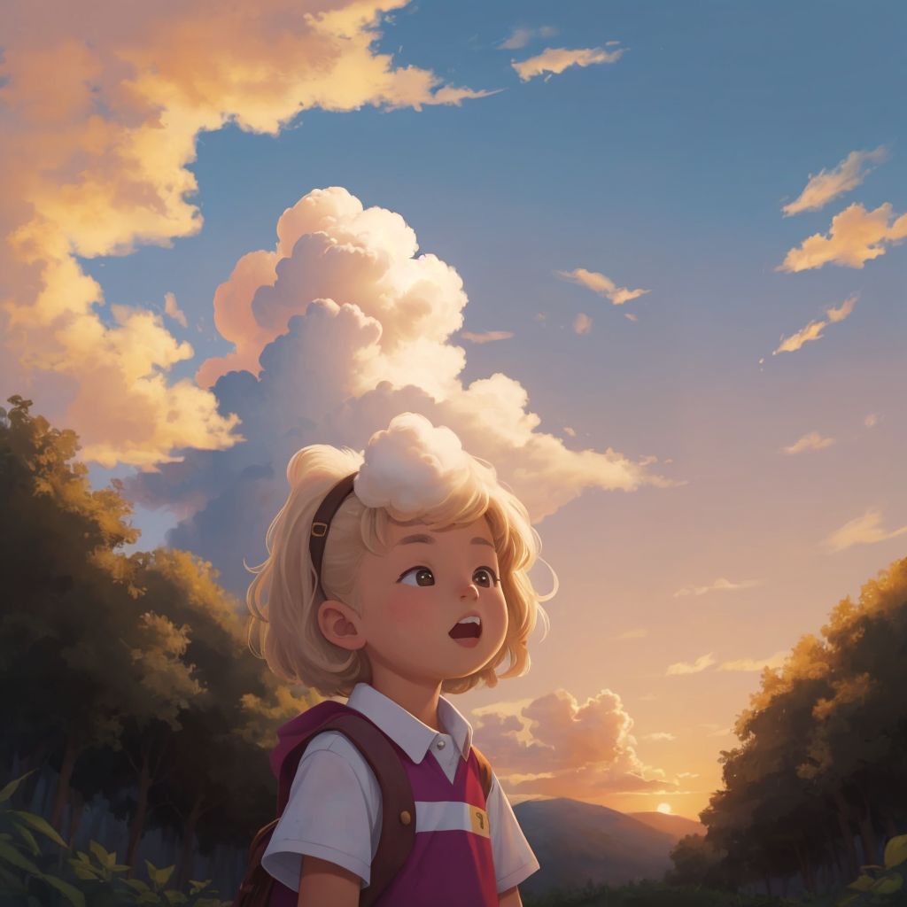 A smiling white fluffy cloud Nimbus with a gentle face, demonstrating color mixing to an amazed Tommy against a sunset sky with golden and purple hues.