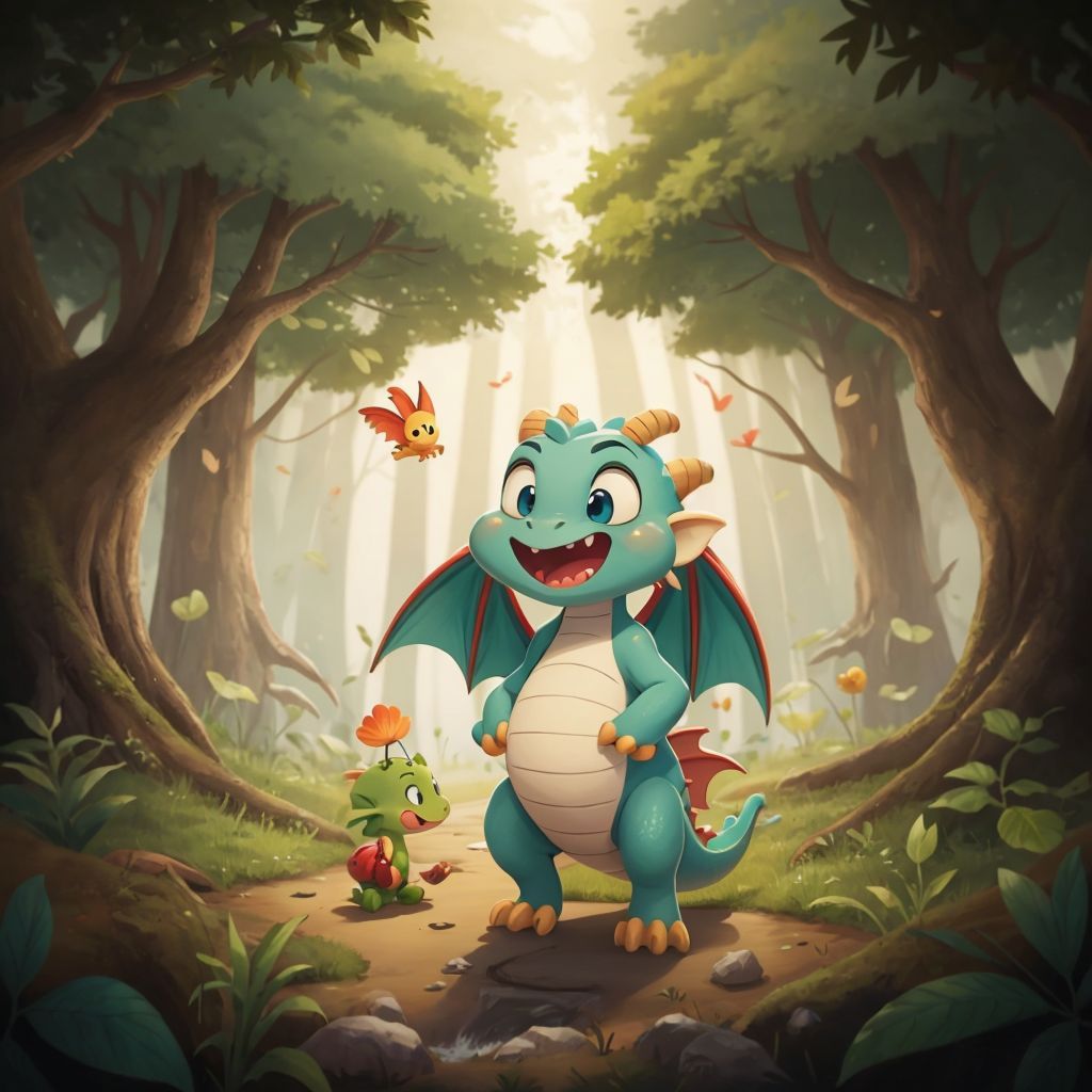 Excited Rio with tiny wings standing at the edge of a forest, looking determined. Dense trees in the background.