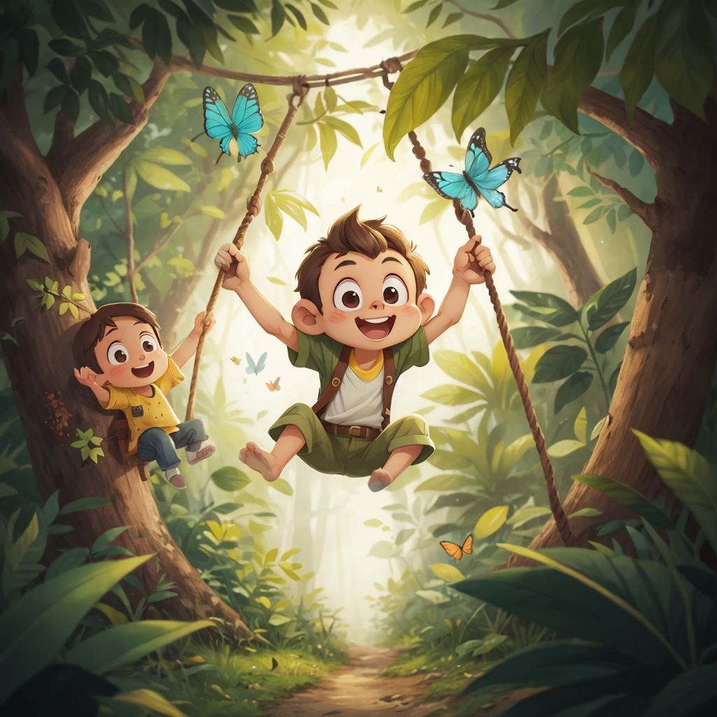 Max the Monkey happily playing with friends in the jungle, with sparkling clean hands, surrounded by trees and butterflies