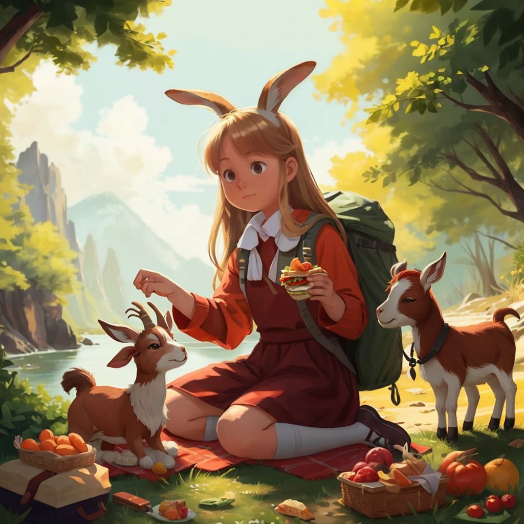 Amanda sharing her sandwich with Rebel while Trouble enjoys some crunchy carrots. The background shows a cozy picnic spot by the shore.