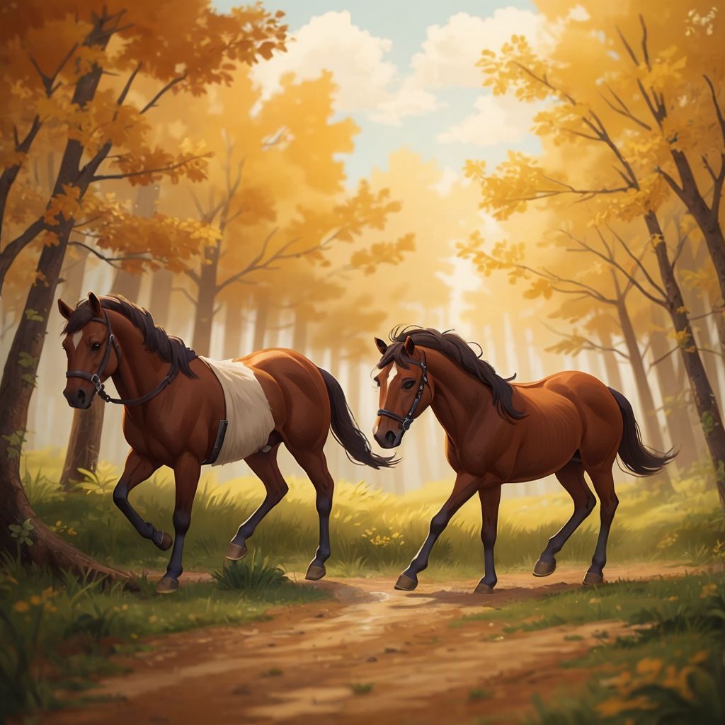 Two young colts frolicking in the field, inviting the chestnut horses to play.
