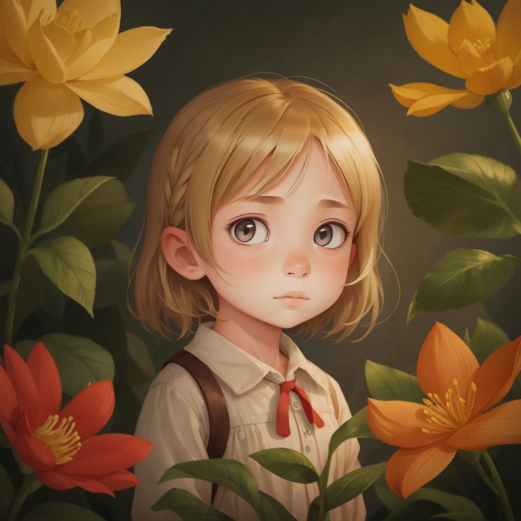 Emma looking determined, standing next to a wilting glowing flower