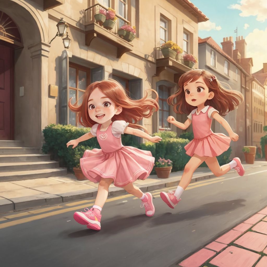 Grace and her mother running together down a sunny street. Sparkly pink running shoes on Grace's feet.