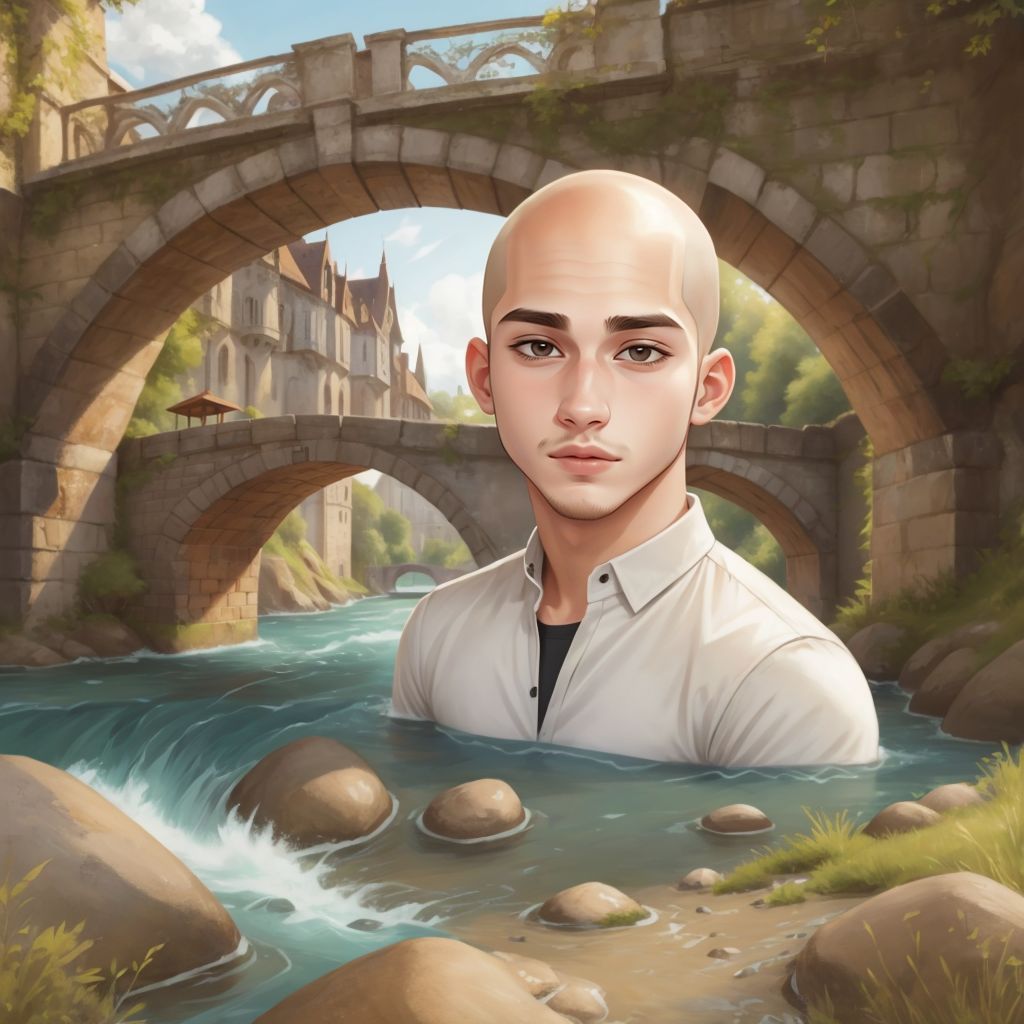 A magical bridge appearing over a wide river, with Adam looking relieved and happy.