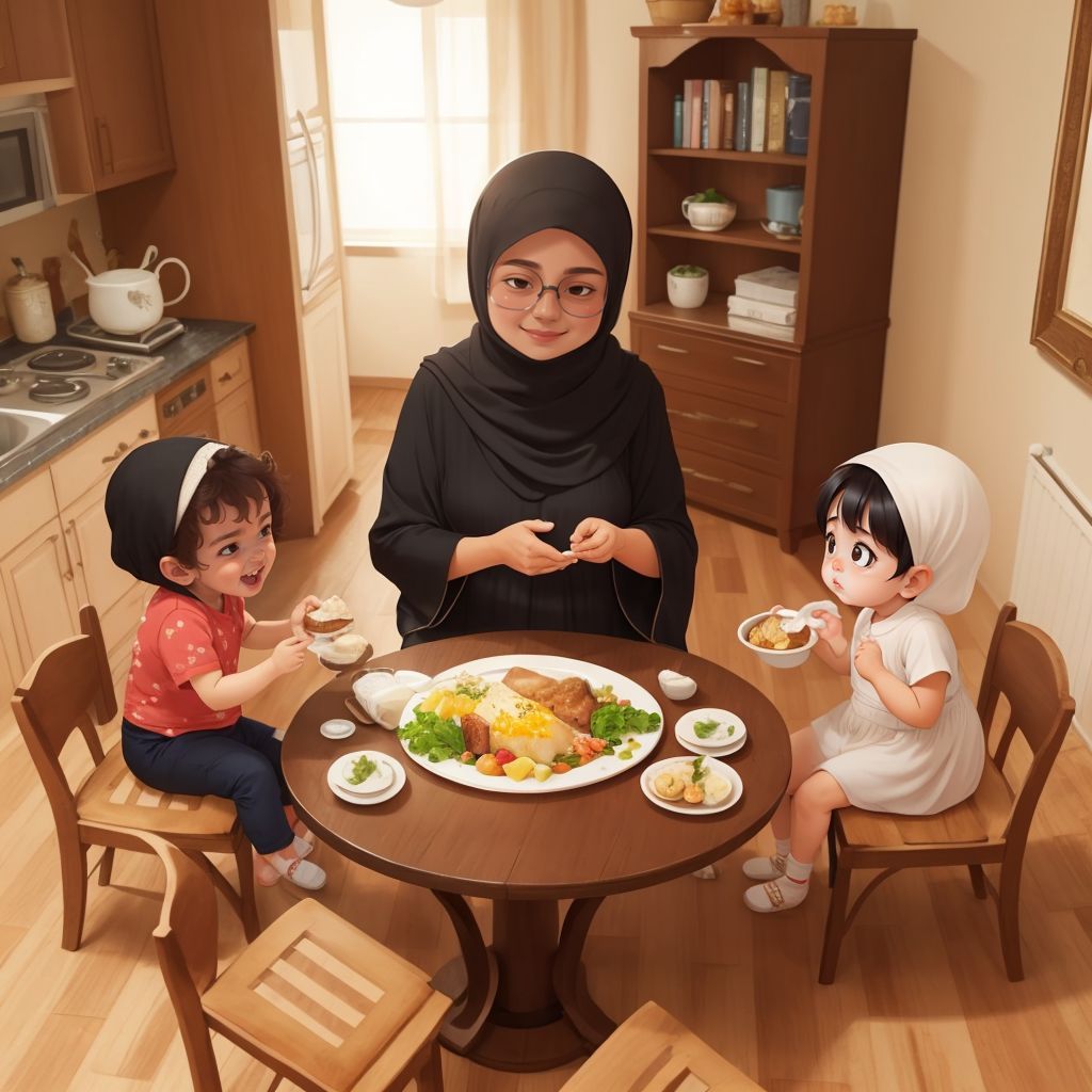 Maima setting a delicious meal on the table with Hiba and Aya looking on excitedly