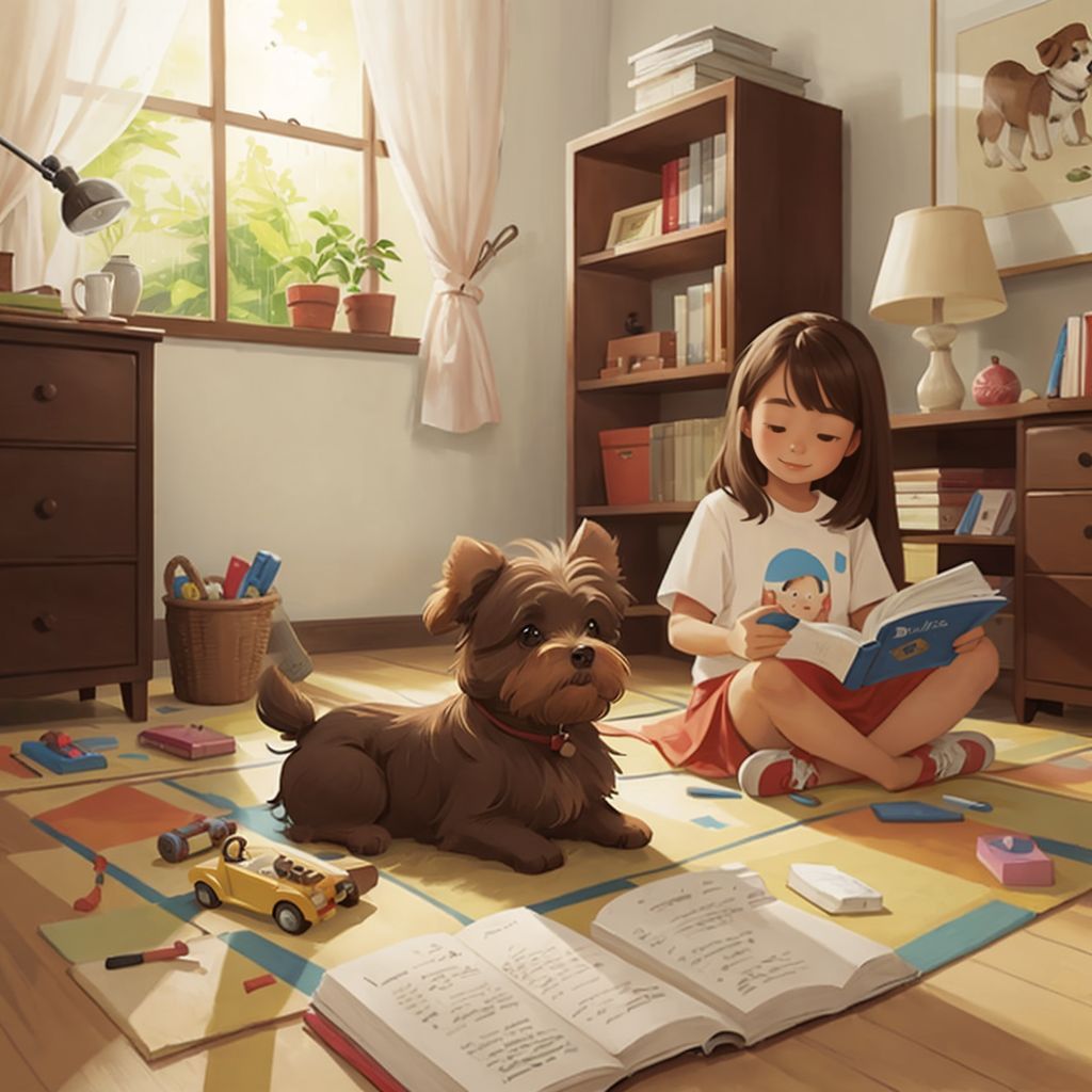 Huggy playing with his toys indoors while it rains outside, with his mom reading a book nearby