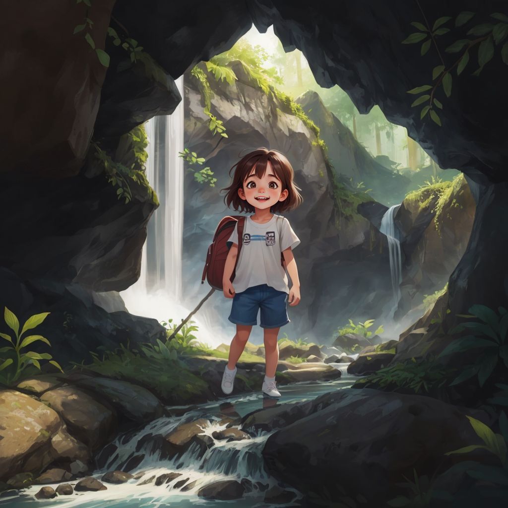 Luna standing in front of a hidden cave behind a waterfall, looking curious