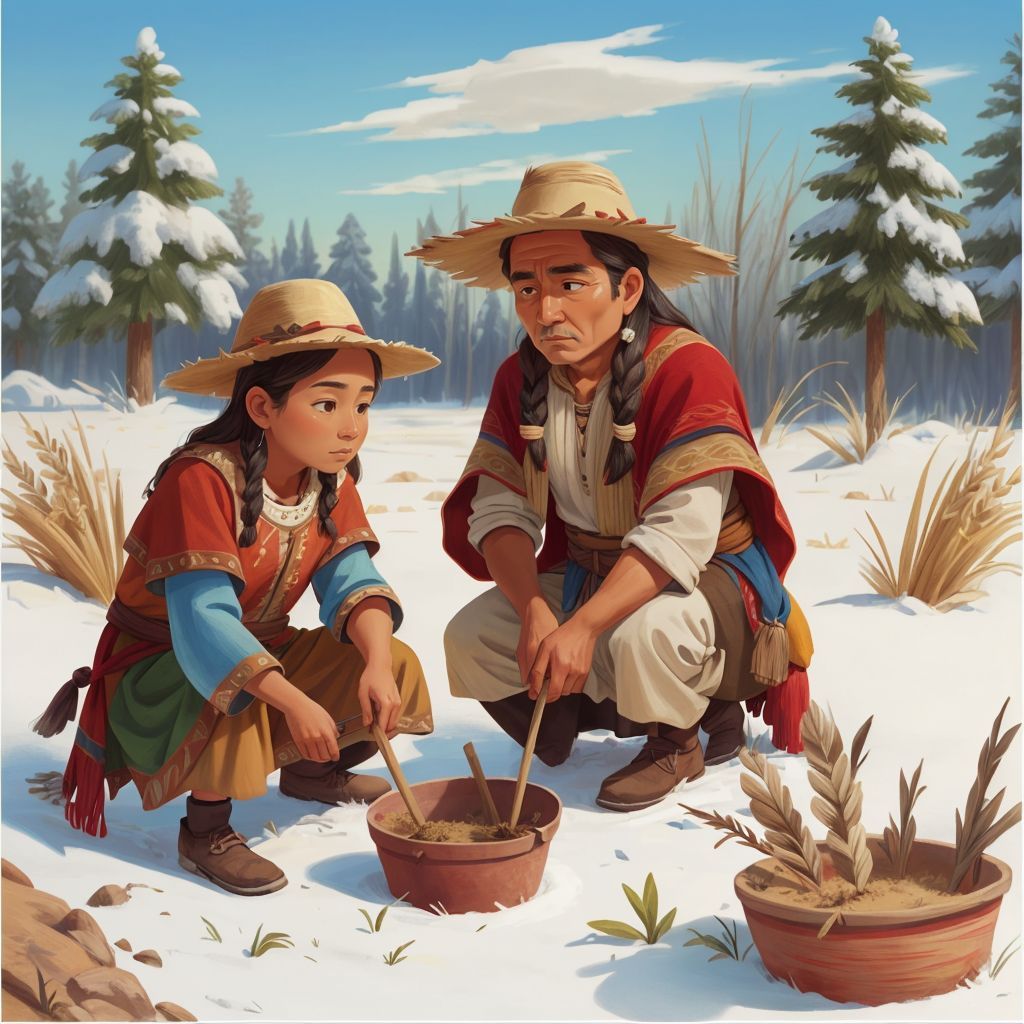 A Native American teaching a Pilgrim how to plant corn in frozen ground
