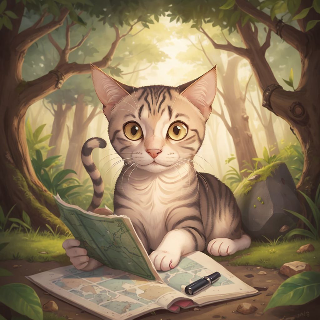 Anne the Siamese cat looking curious while holding a mysterious map, with a mossy rock nearby
