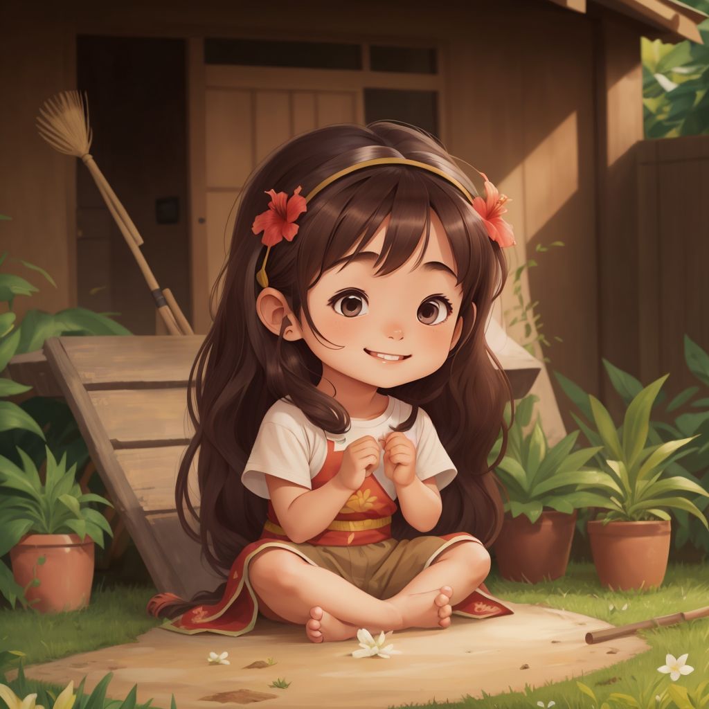 Hana sitting in her yard, eyes closed, practicing Ho'oponopono with a peaceful expression