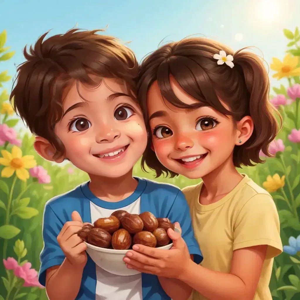 Omar ( 3 years old ) giggling with joy, holding dates in his hand, Dina ( 5 years old) smiling beside him. dina hair is pigtails. dina wearing a dress. Omar head smaller than dina.