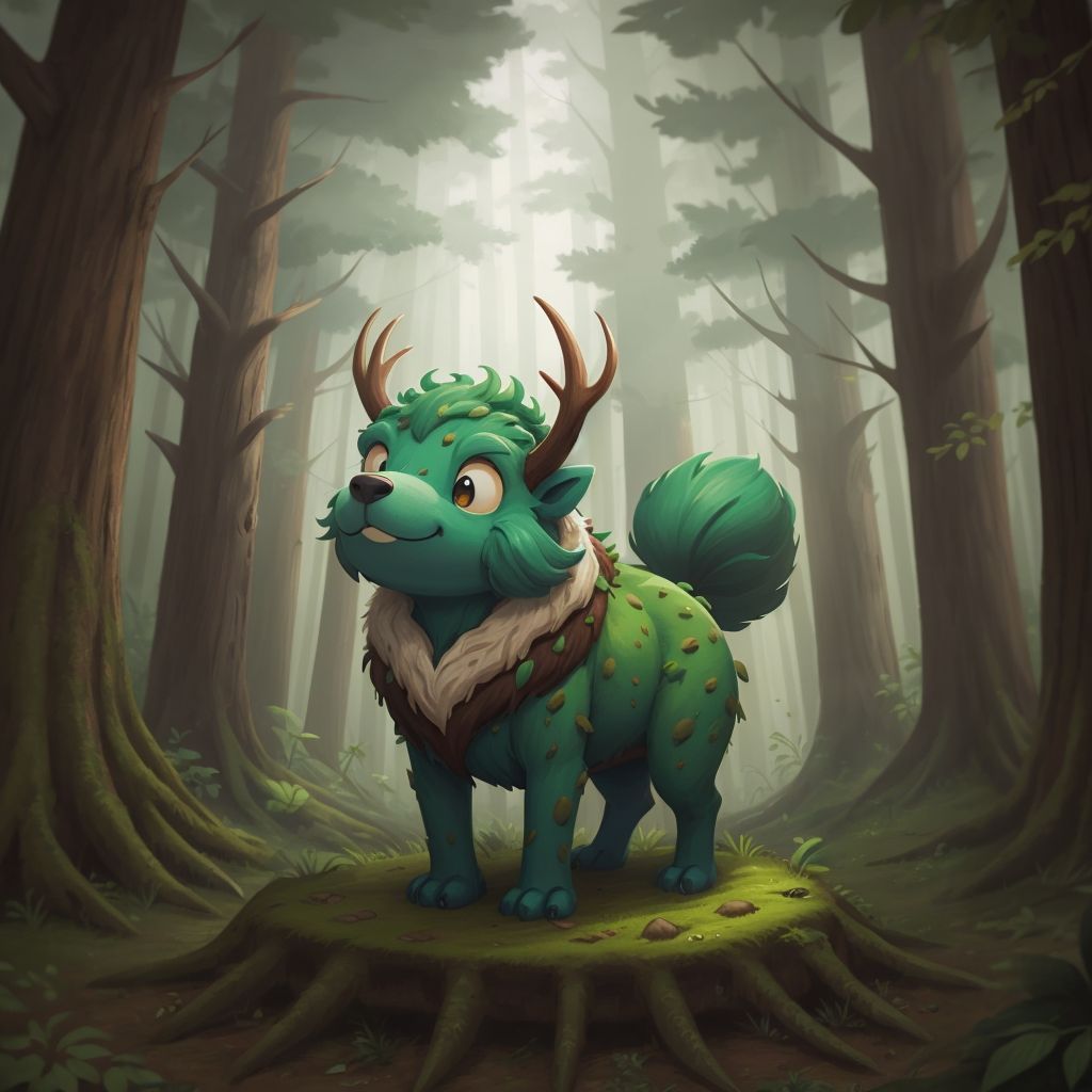 Octun the friendly beast emerging from a mound in the woods