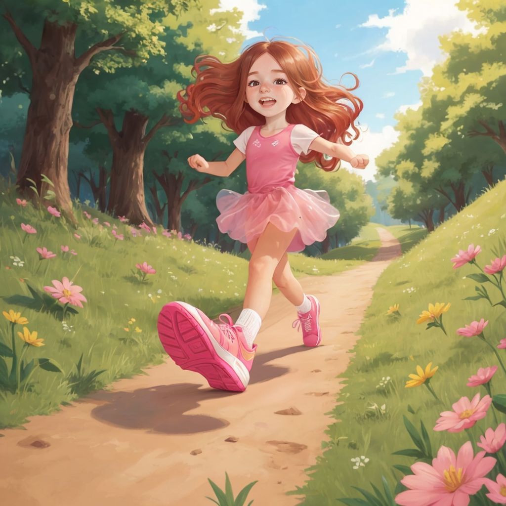 Sparkly pink running shoes sliding down a grassy hill. Grace at the top of the hill with an expression of hesitation.