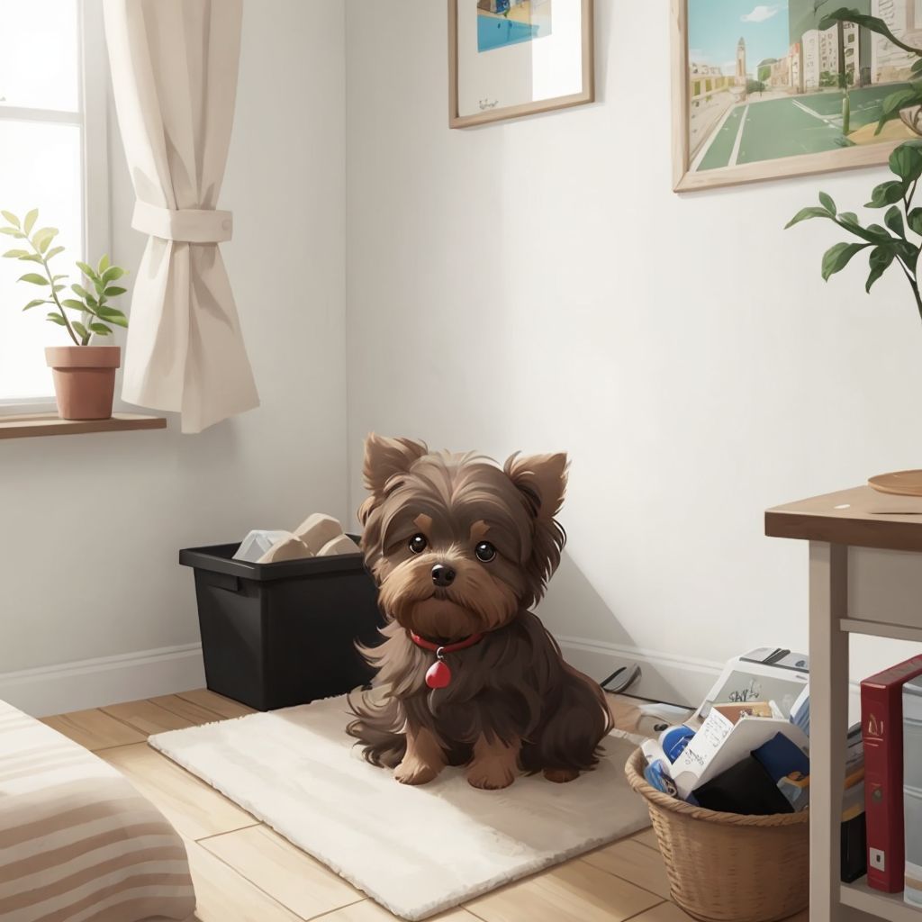 Huggy sitting contently in a tidy room, surrounded by unbroken items and looking proud