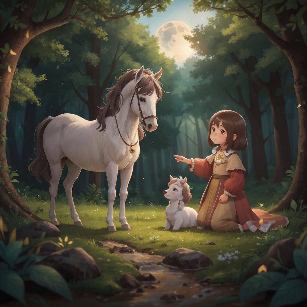 Astra, a unicorn with a shimmering mane, standing beside Luna in a moonlit forest.