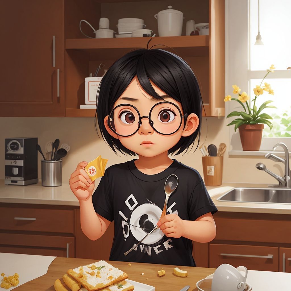 Tommy with wide eyes, holding a spoonful of the crispy, sweet snack in the kitchen