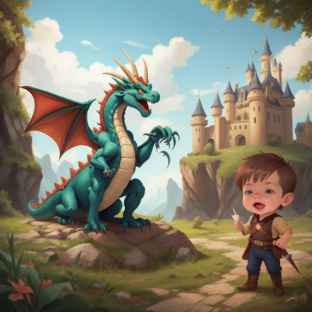 Kaba the dragon standing next to the castle, with John Jr pretending to be a knight