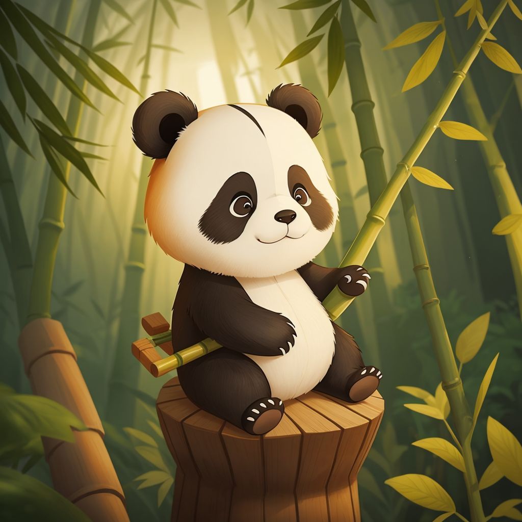 A panda who loves bamboo, surrounded by a warm glow from the tree's light