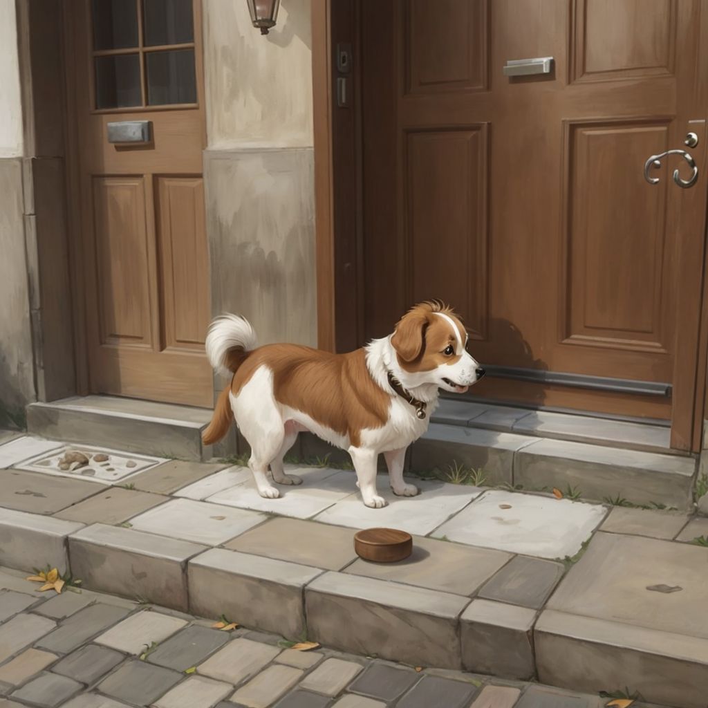 Reksis, a small fluffy dog with white and brown fur, sniffing at a puck near his paws on a cobblestone street.