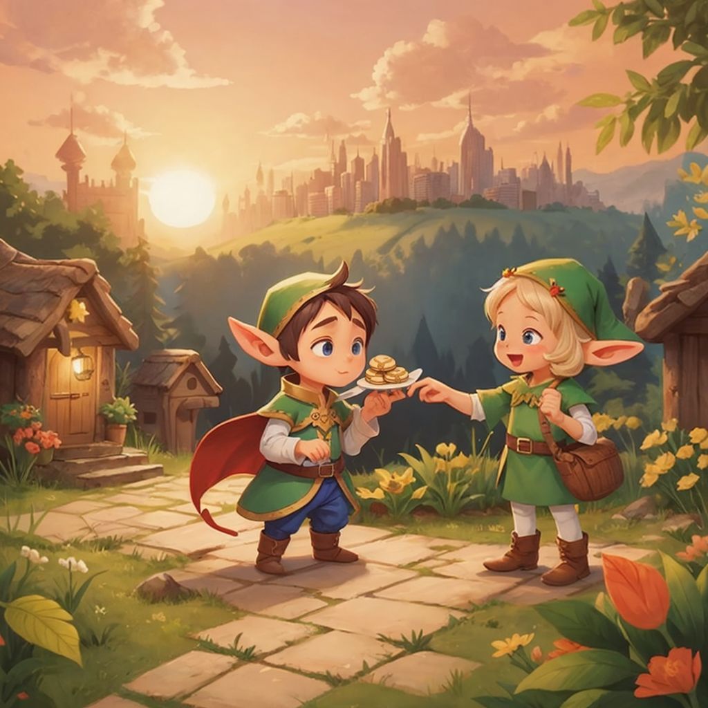 Pip handing out cookies to a delighted elf friend in the village, with a sunset in the background