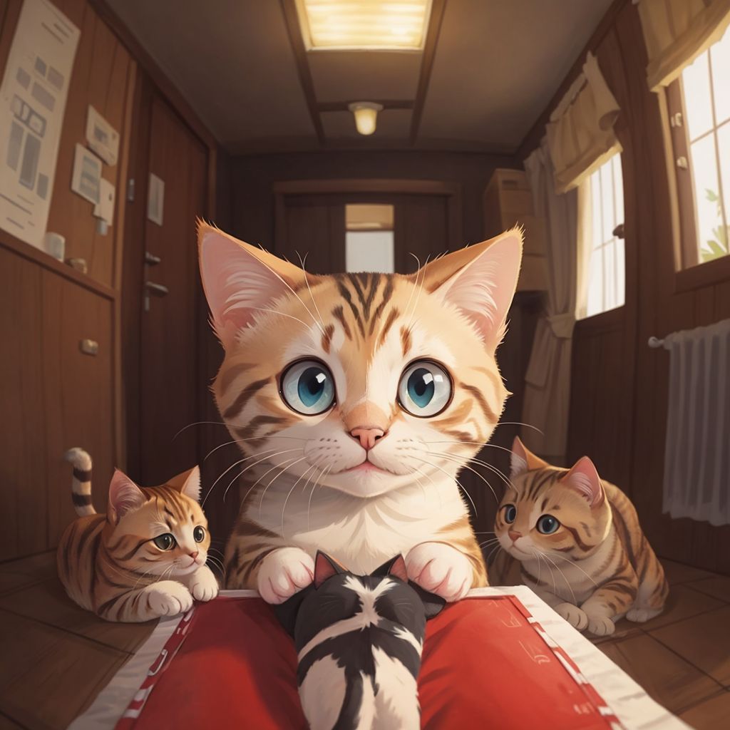 Whiskers the cat back on Earth, telling other cats about the space adventure