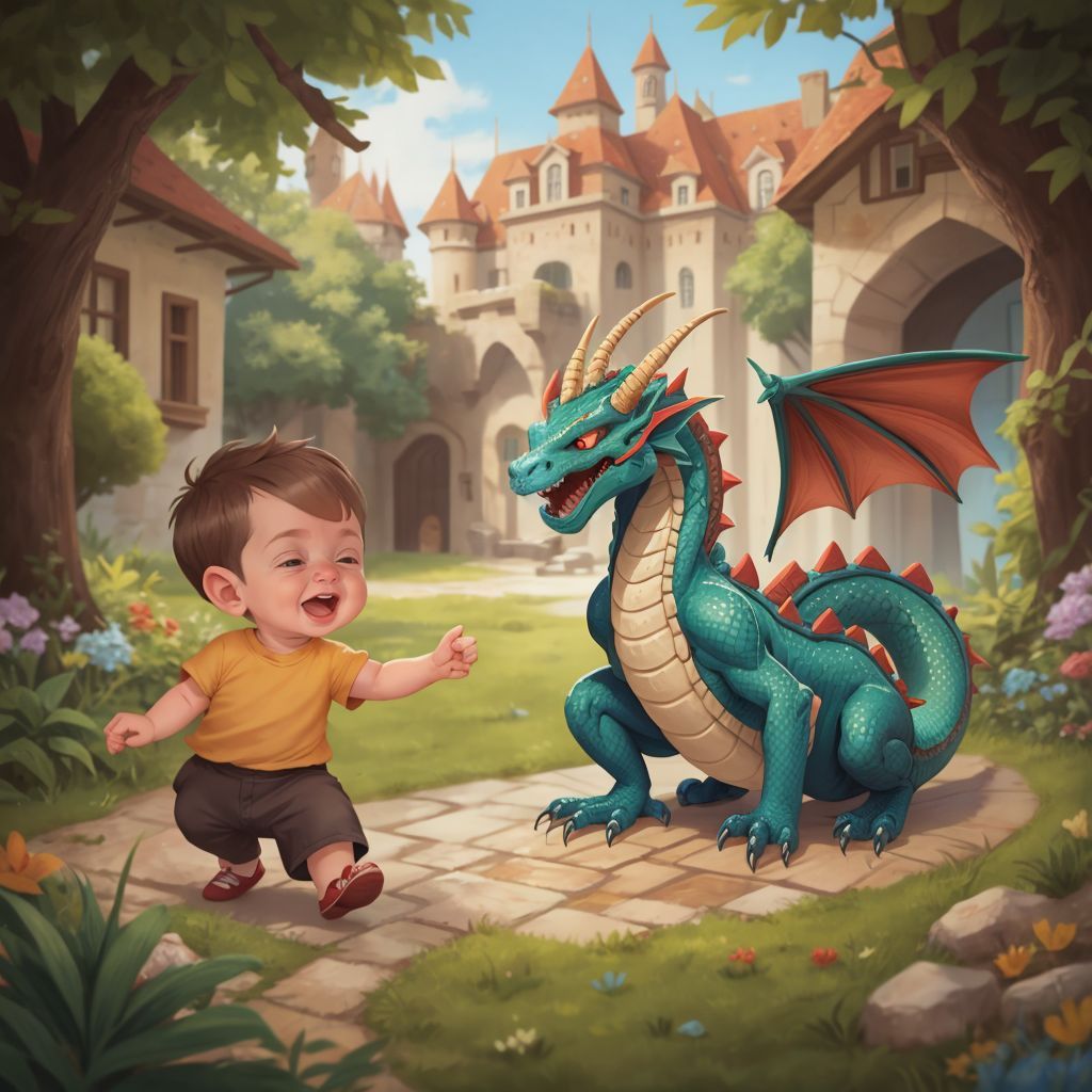 John Jr showing Kaba the dragon his colorful backyard castle, both smiling