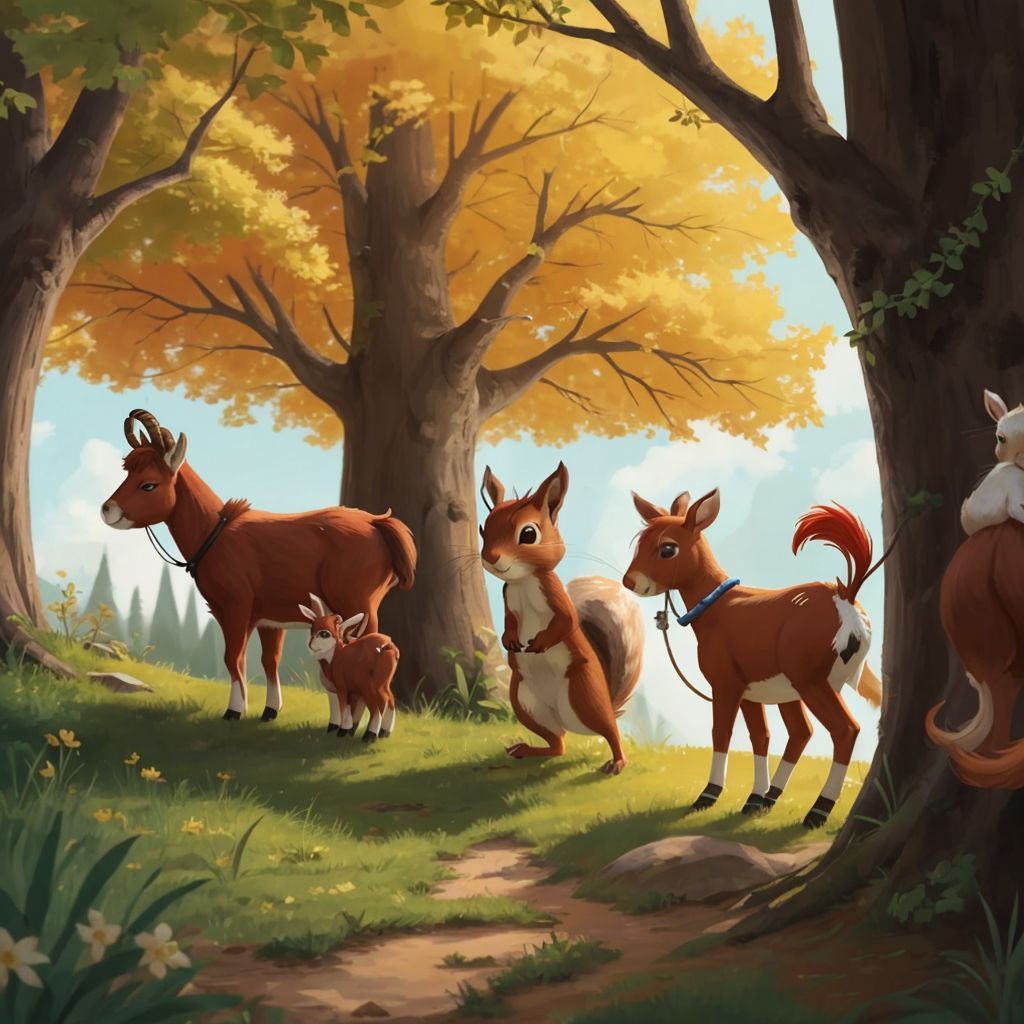 Rebel hopping along behind a friendly squirrel. Trouble and Amanda follow. The background shows a big oak tree with a cozy hollow.