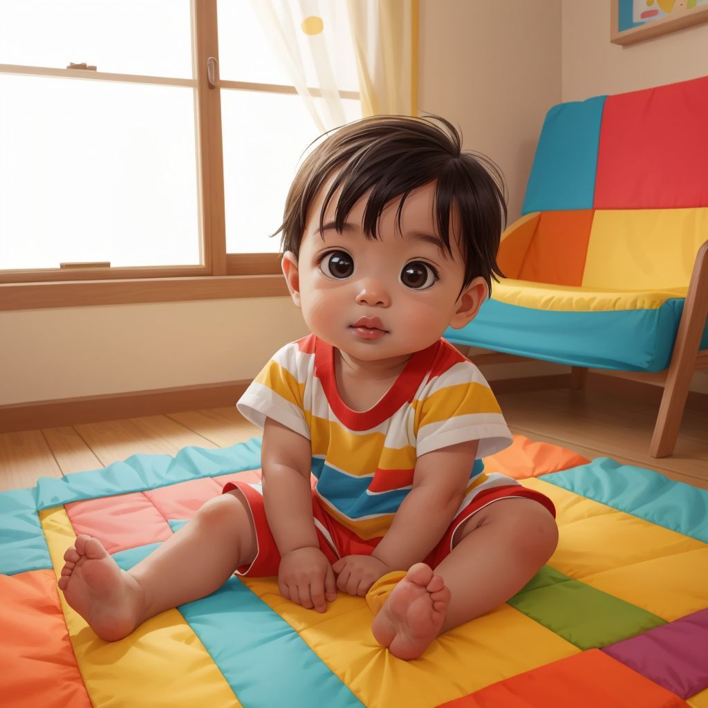 Kai, a curious one-year-old baby boy, sitting on a colorful play mat with a sunny window in the background.