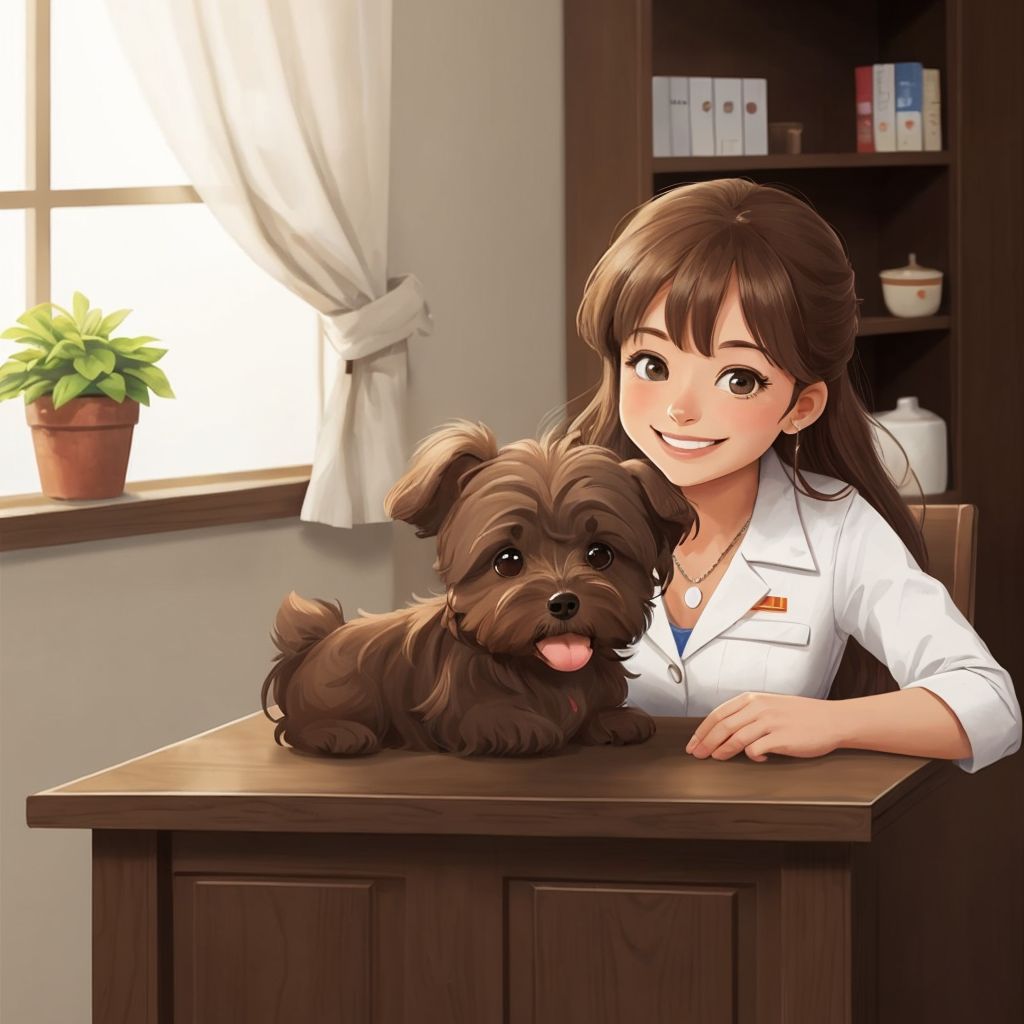 Huggy sitting calmly on a vet's table with the vet smiling