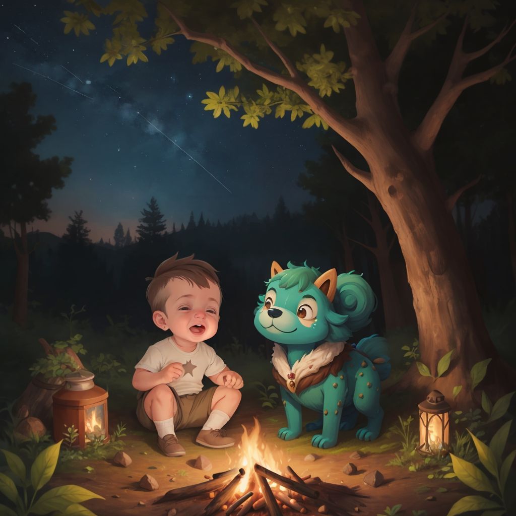 John Jr and Octun sitting by a campfire under a starry night sky