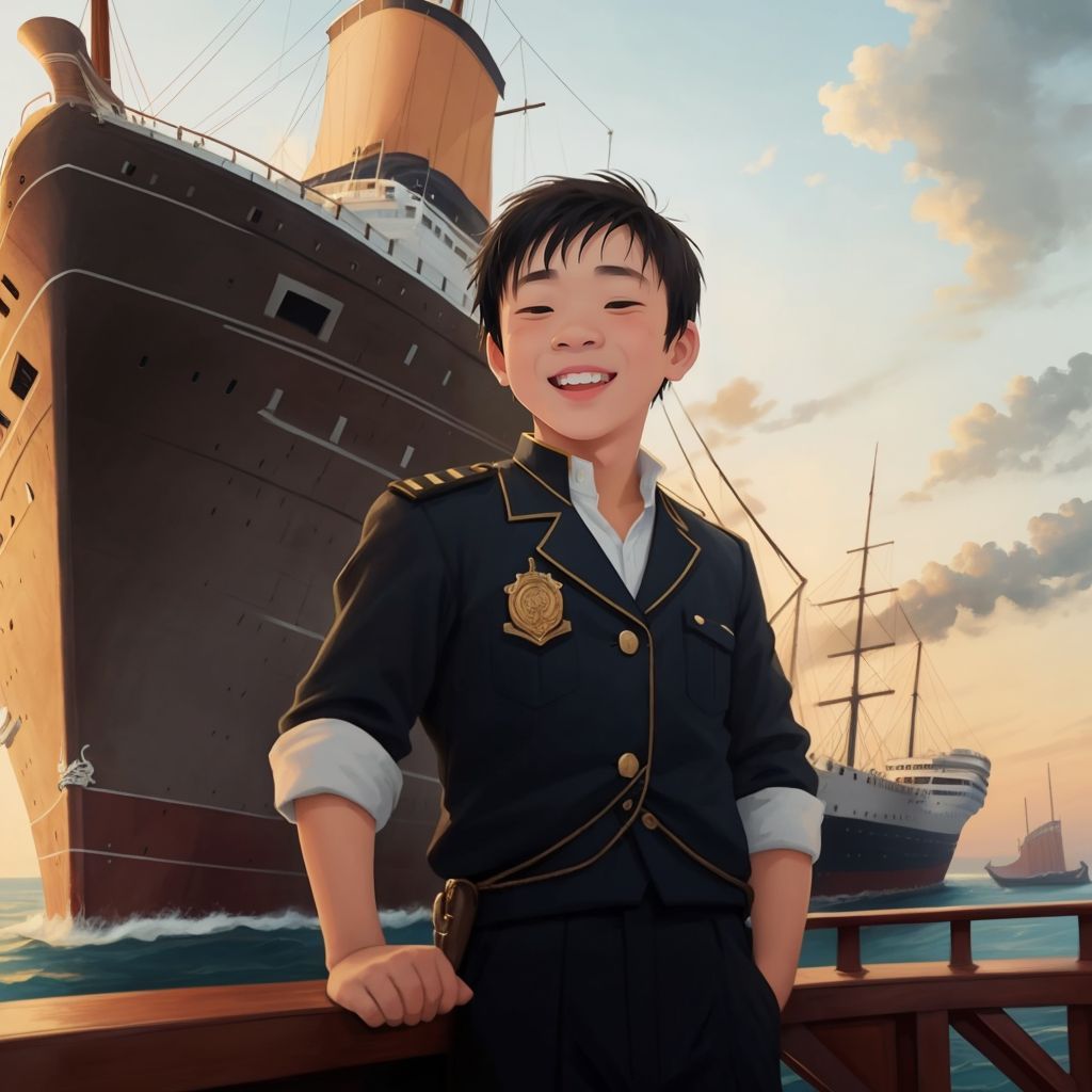 Hayden, the young and enthusiastic captain, standing proudly on the deck of the Titanic with the majestic ship in the background.