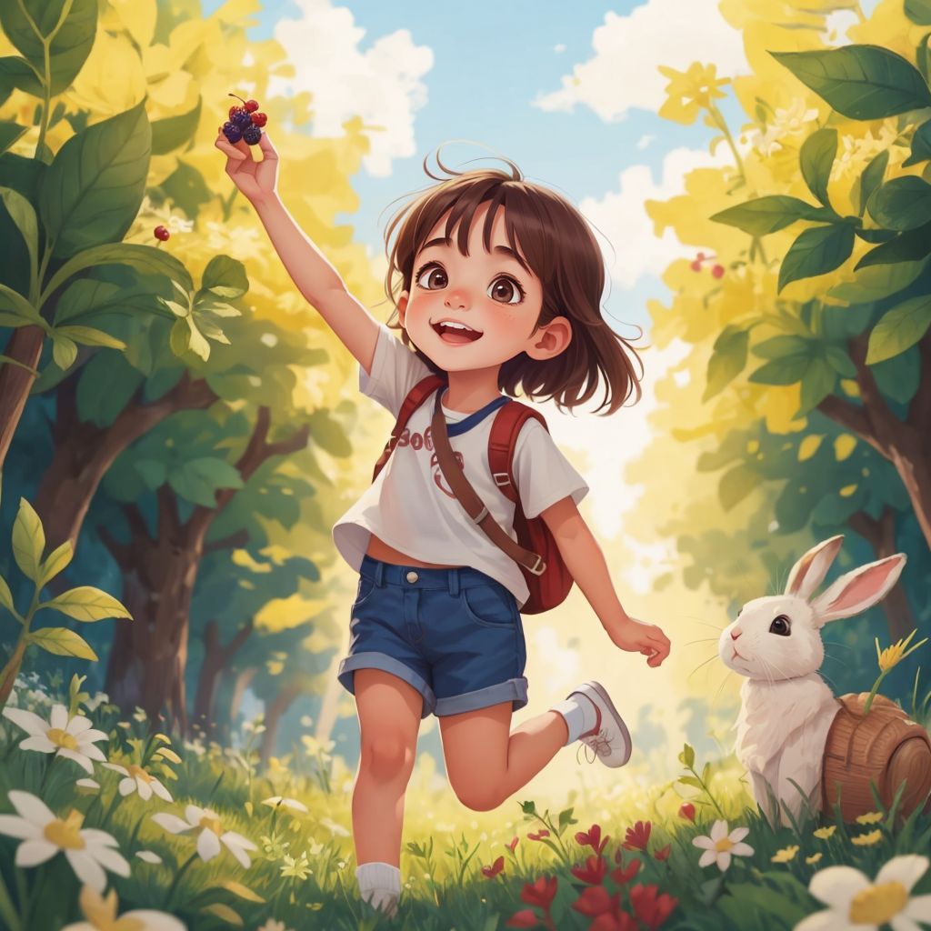 Luna helping Felix the rabbit gather berries in a meadow