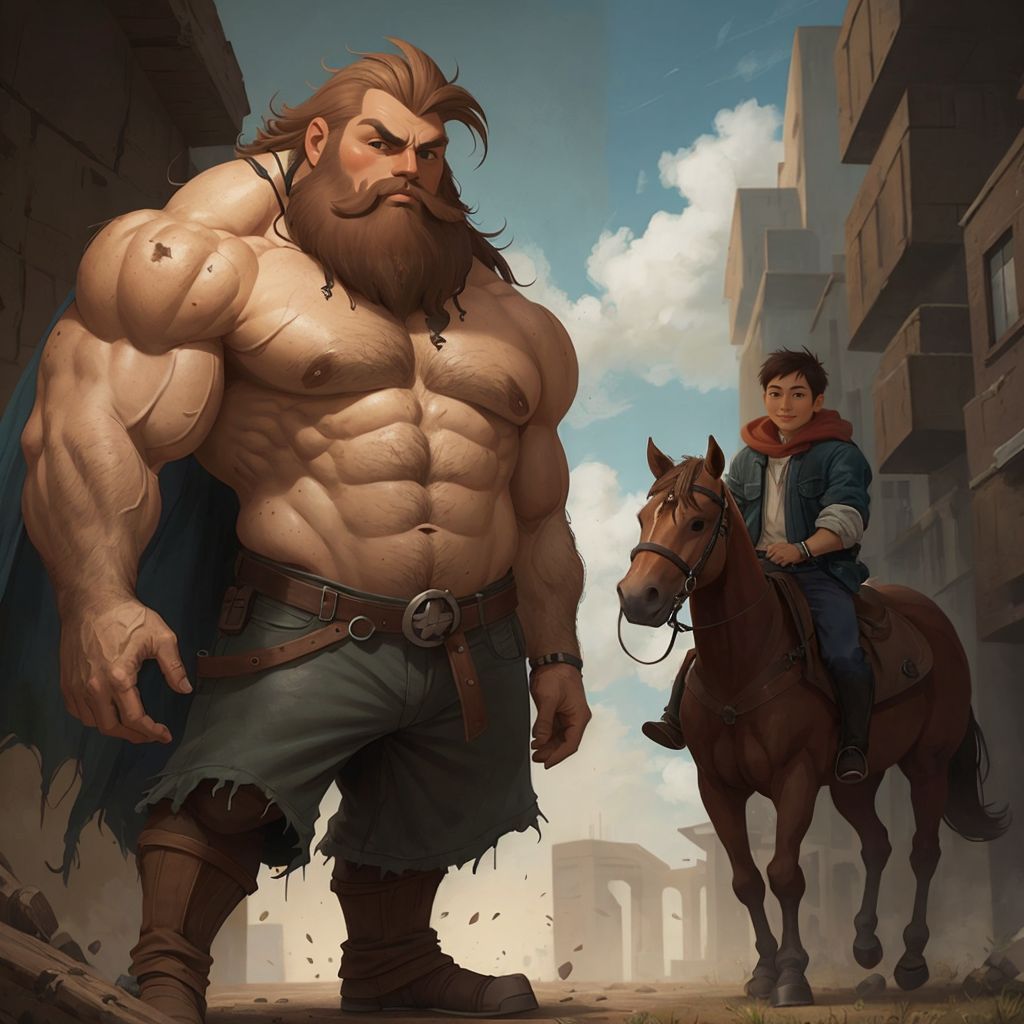 Grumpy the Giant giving an awkward grin to a boy on a horse
