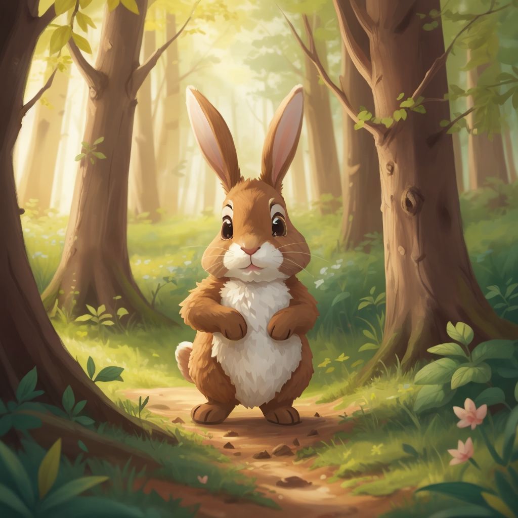 Rosie the rabbit hopping playfully in a forest clearing.