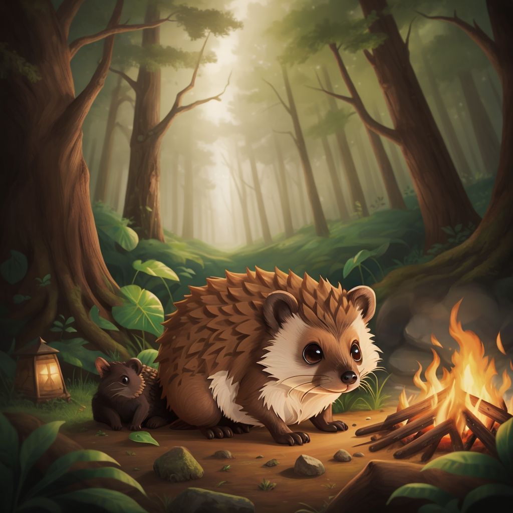 A kind-eyed hedgehog sitting near a cozy fire in a magical forest