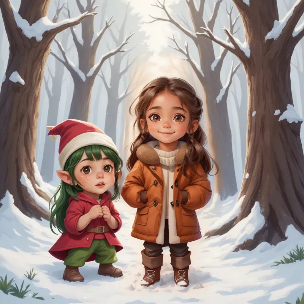 Sarah wearing brown jacket and a nice Elf with green hair wearing red-green clothes and red hat standing in a snowy forest