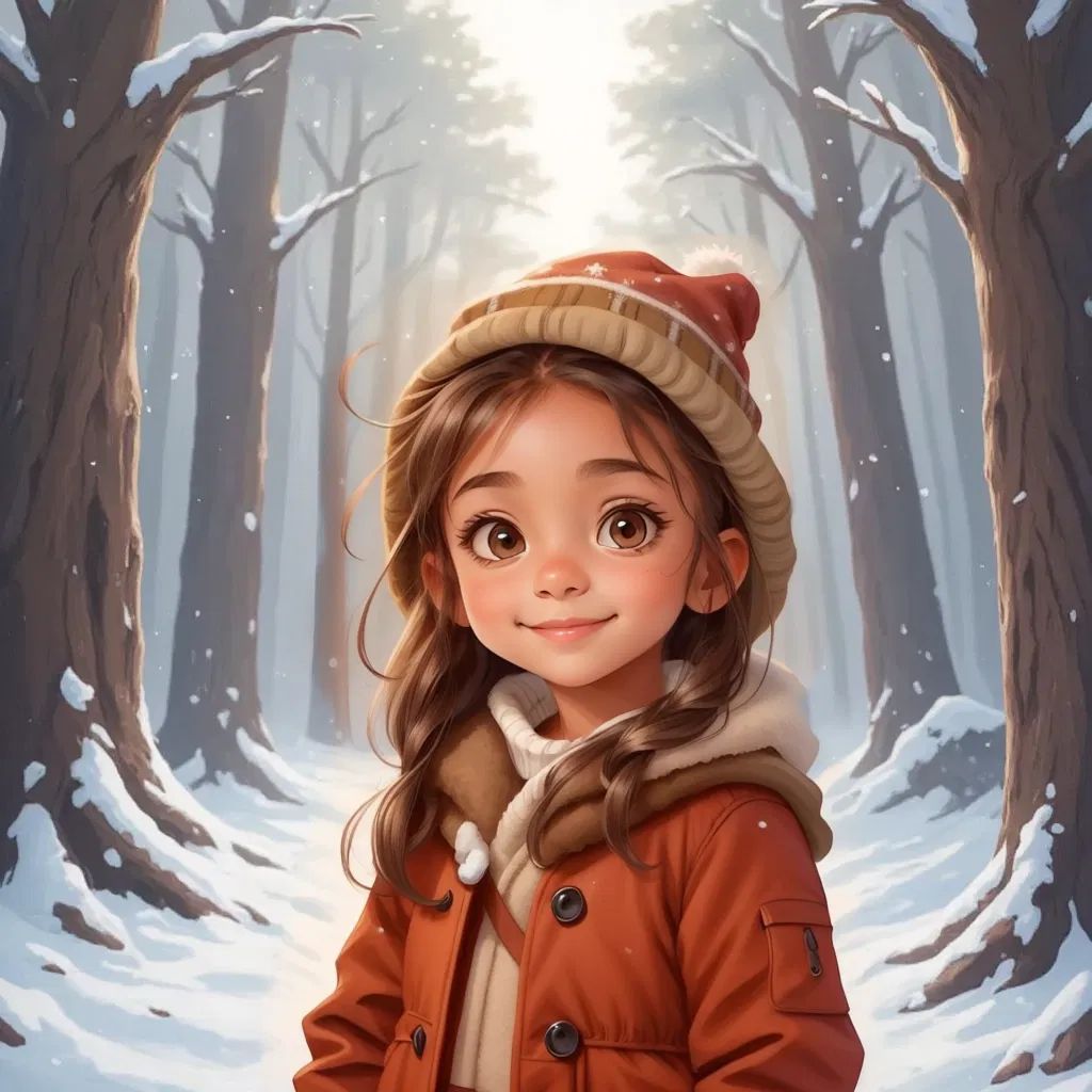 Sarah standing in a snowy forest, looking curious as she hears a tiny voice