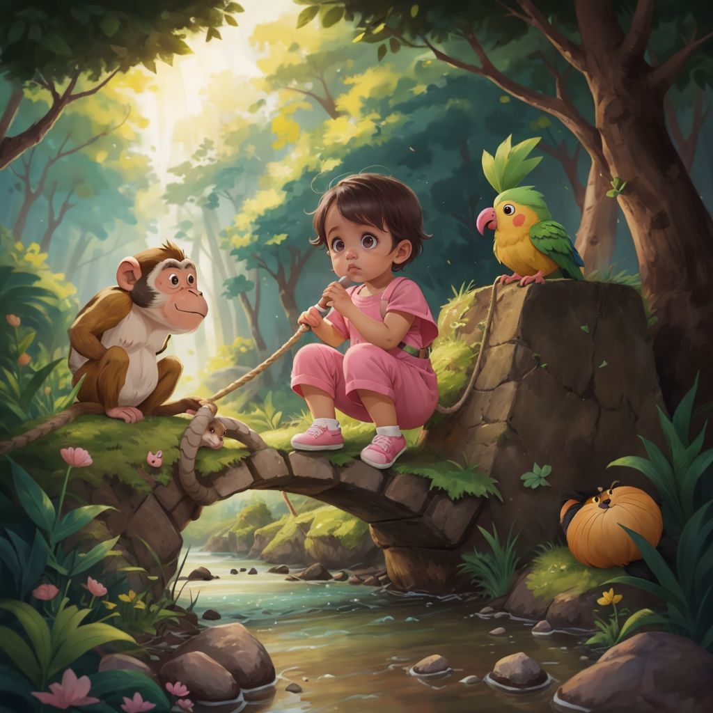 sarah and her animal friends are making a bridge on a river using a rope to help themselves cross it safely during their adventure. monkey is connecting the rope with his hands helping sarah. pico, the baby parrot green is using his beak to make the rope bridge. tumble, the pangolin is just nervously rolling as a ball. shadow is helping sarah with the rope to create the makeshift bridge. all of them are working hard near a RIVER, sara is wearing a backpack and standing, very short hair button nose, short height, wearing a backpack, looking focused creating a bridge with rope from scratch, pangolin is confused and nervous, monkey is helping with the rope also focused, working hard. black cat also helping with rope, green parrot helping with his beak. creating a bridge with rope, the river had no bridge