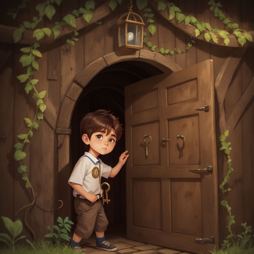 Noah unlocking an old wooden door covered in vines with a shiny key