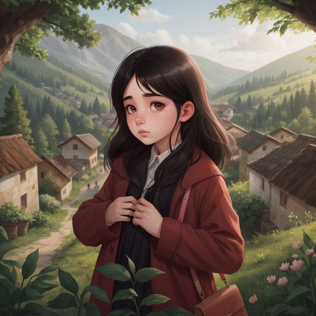 Su standing in a serene village with a forest visible in the background, looking thoughtful.