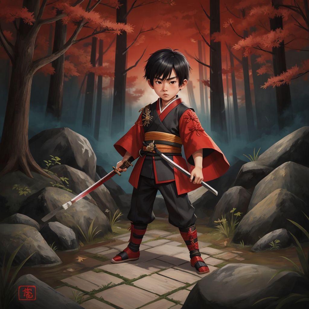 Kaïto standing in a traditional samurai outfit, with a determined look, amidst ancient Japanese scenery.