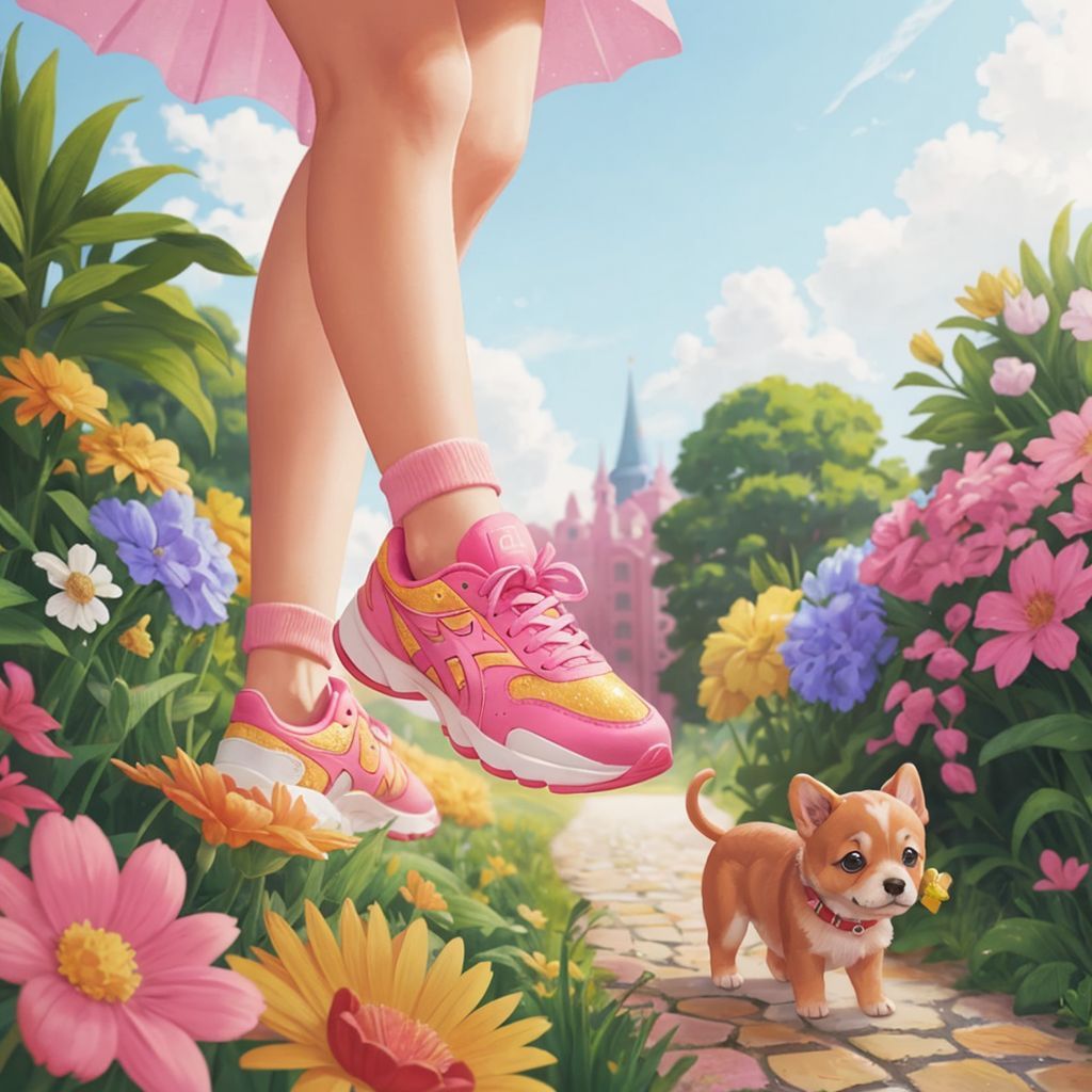 Sparkly pink running shoes bouncing past colorful flower gardens. A small puppy looking curiously at the shoes.
