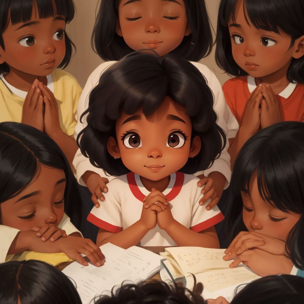Janet with her hands clasped in prayer, surrounded by friends who look relieved and hopeful.