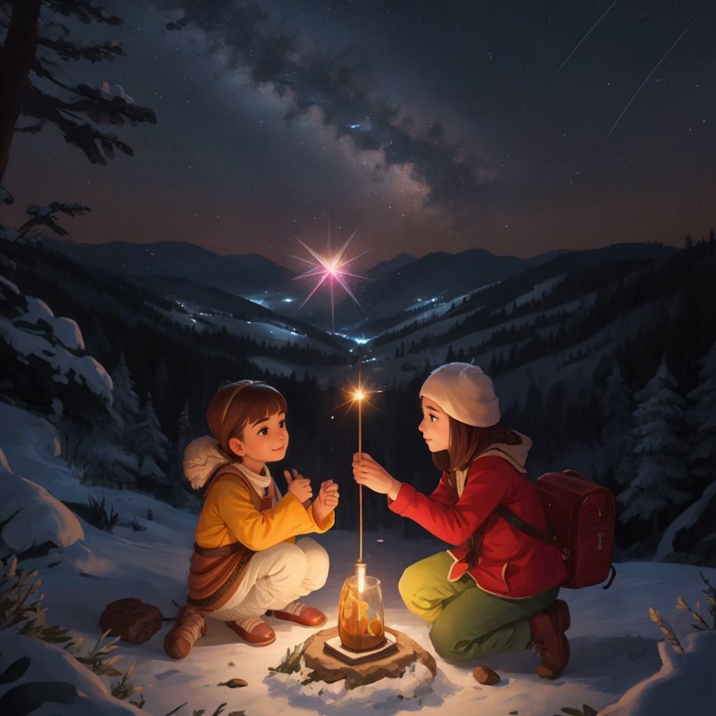 Minik and friends placing a glowing crystal on a mountaintop, the starry sky above them. The crystal floats towards the sky.
