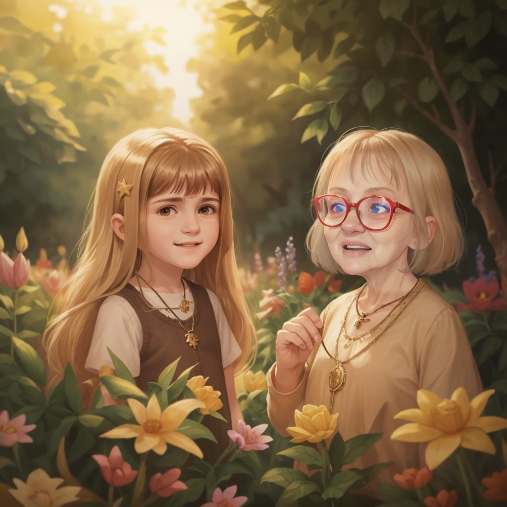 Kenzy wearing a beautiful necklace with a warm glow on her face, standing next to Beegah in the garden