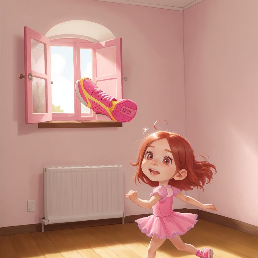 Sparkly pink running shoes bouncing out of an open window. A shocked Grace with wide eyes watching them.