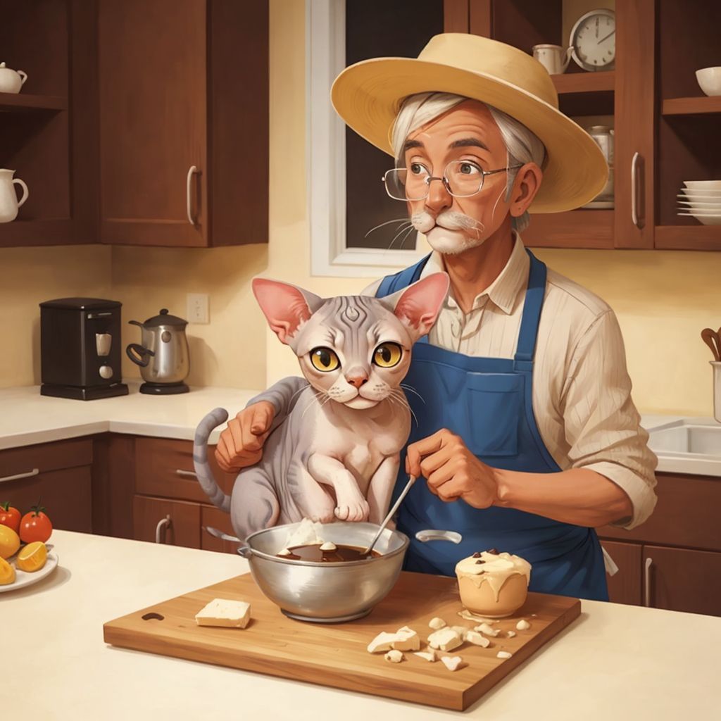 Flour-dusted Salazar enthusiastically mixing batter in a bowl. Salazar's grandpa chuckling, watching Salazar with a paw dipped in chocolate mixture. A cozy kitchen setting.