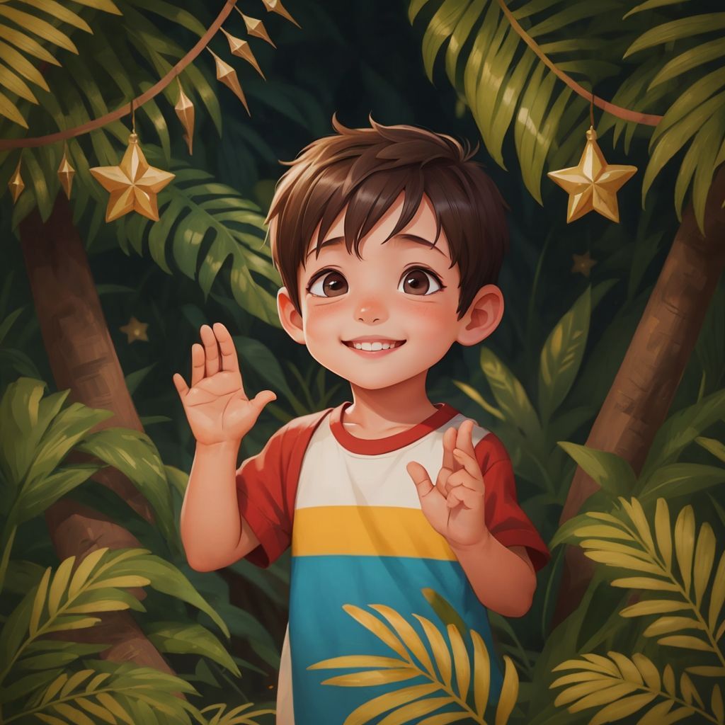 Osh clapping his hands with joy, a festive background behind him.